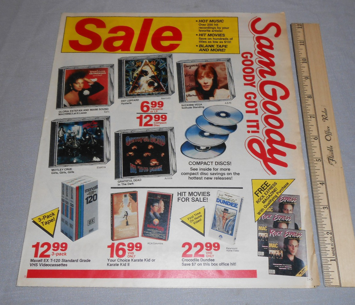 Vtg 1987 SAM GOODY Music Store Circular Print Ad CDs Boombox Stereo Karate Kid