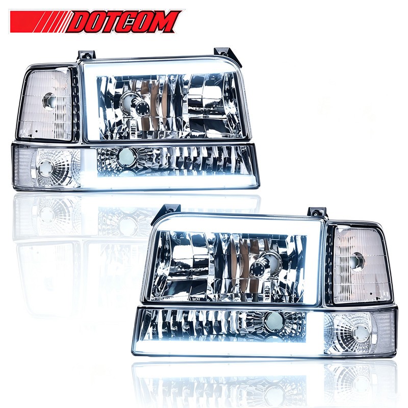 For 1992-1996 Ford Bronco F-150 F-250  Chrome Clear LED DRL Headlights Headlamps