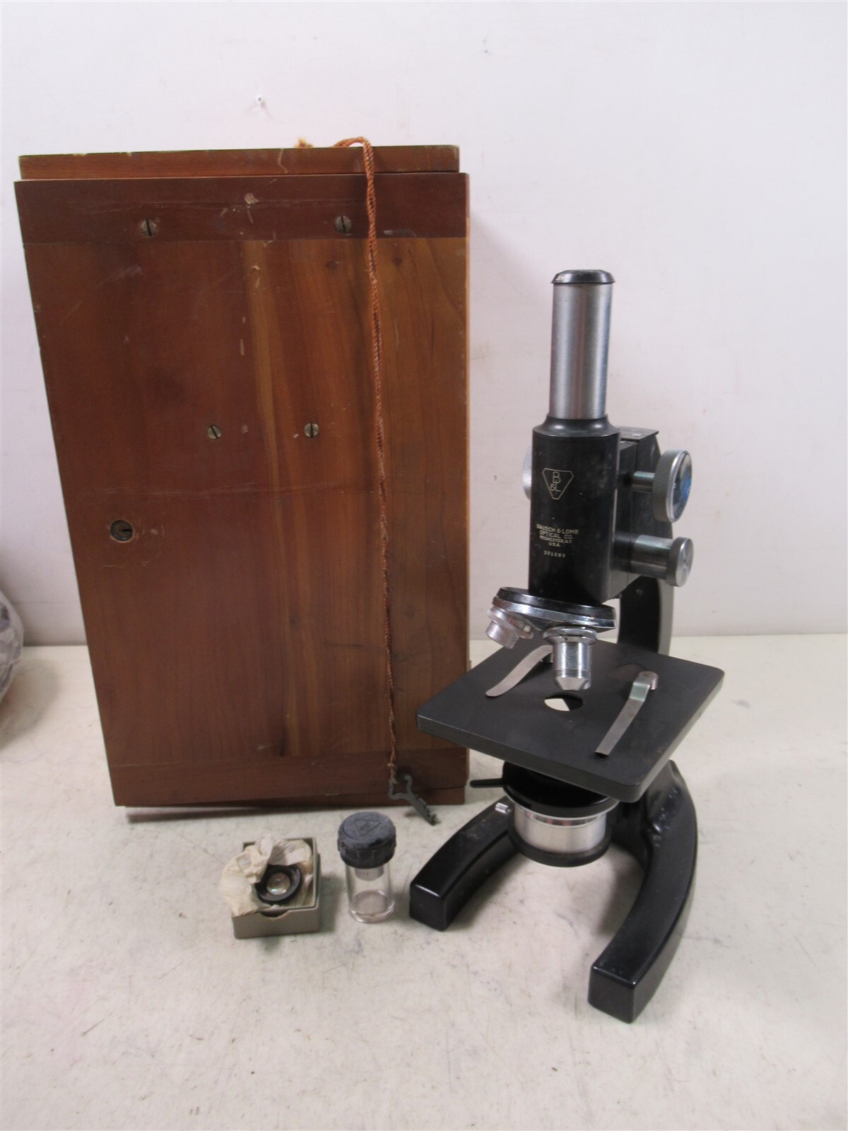 Bausch & Lomb Optical Vintage Microscope Monocular with 3 Objectives Wood Case