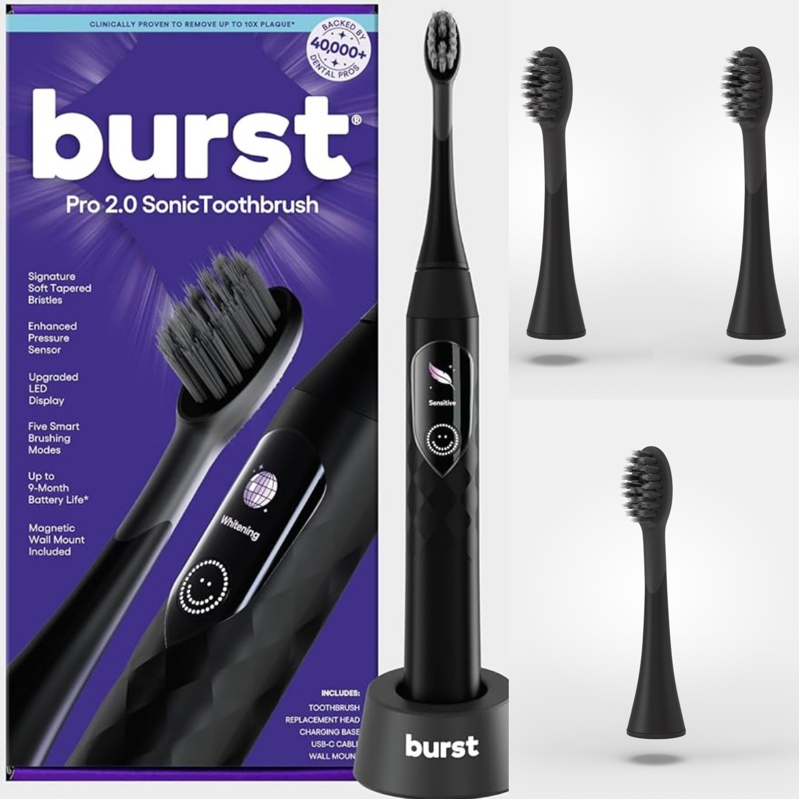 Burst Pro 2.0 Sonic Electric Toothbrush Adult Black w/ 3 replacement head combo 