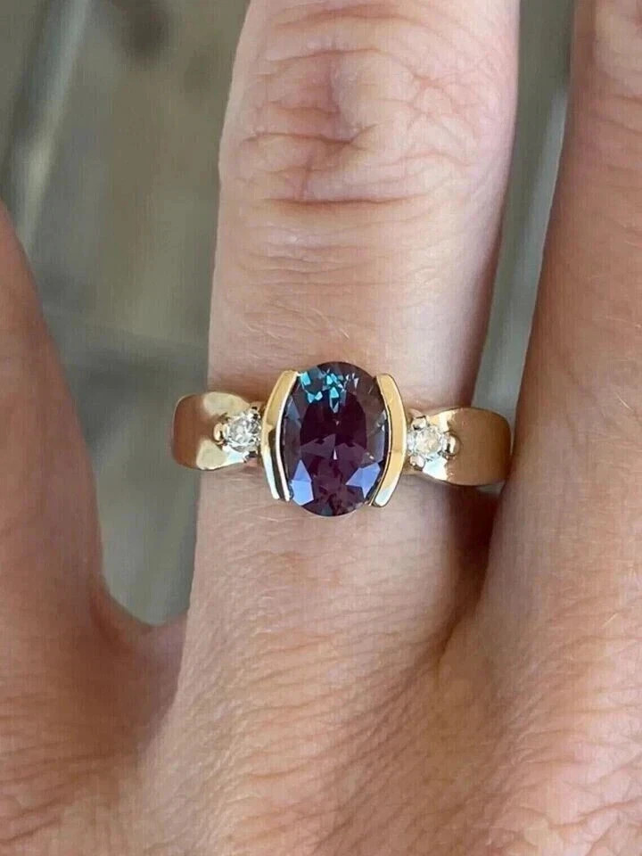 2.25 Ct Oval Cut Natural Alexandrite & Diamond Wedding Ring 14K Yellow Gold Pl 2.25 Ct Oval Cut Natural Alexandrite & Diamond Wedding Ring 14K Yellow Gold Pl