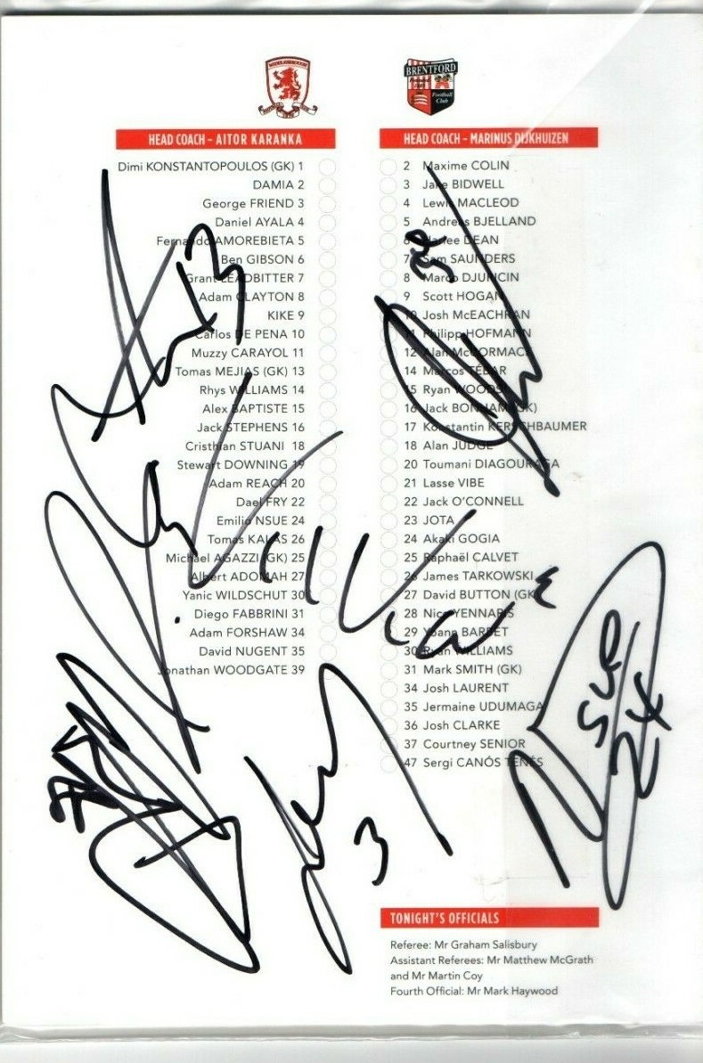 Multi Signed Middlesbrough V Brentford Programme 
