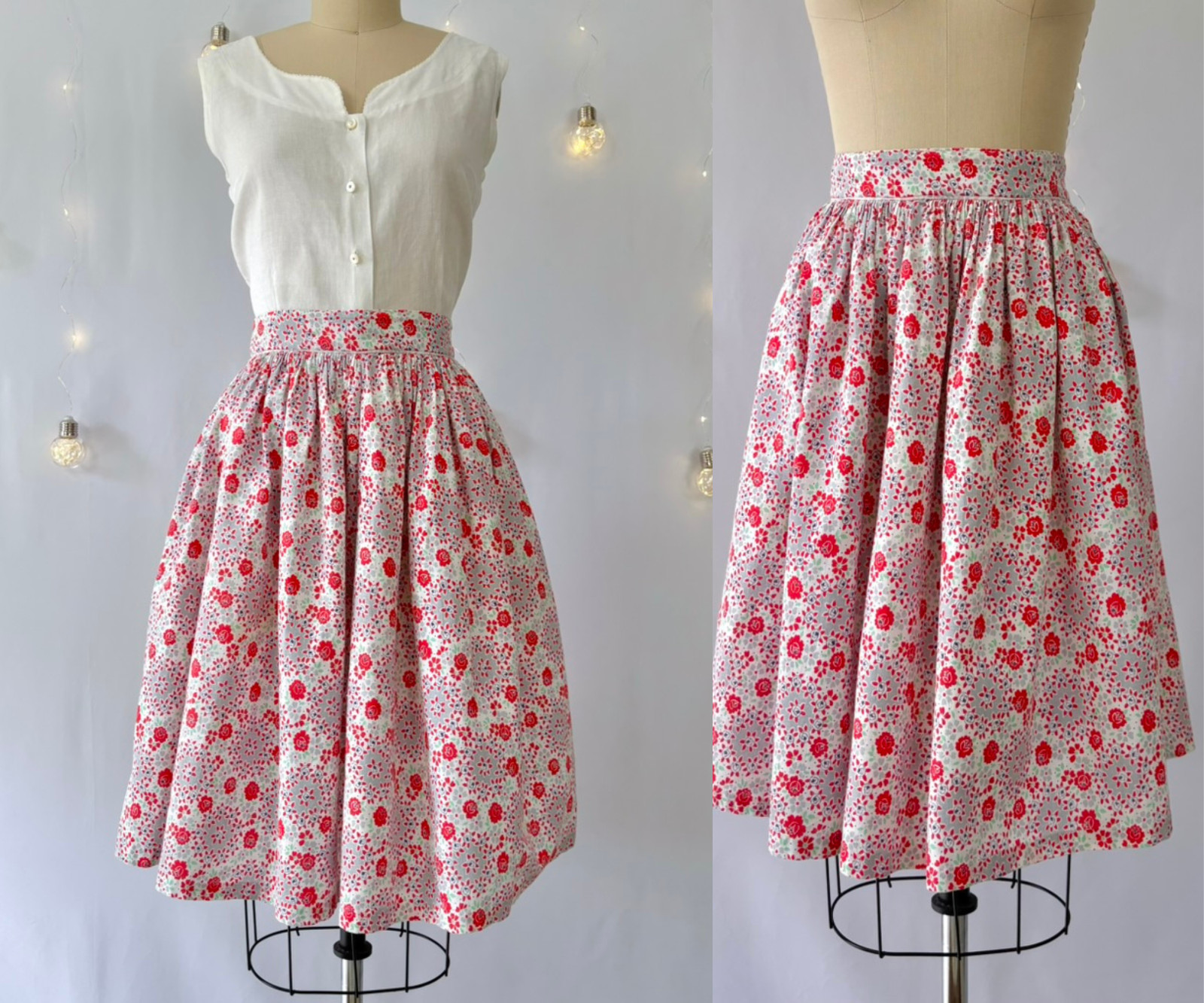 1930s 40s Red Floral Rose Cotton Feedsack Full Skirt, Depression Era, Medium