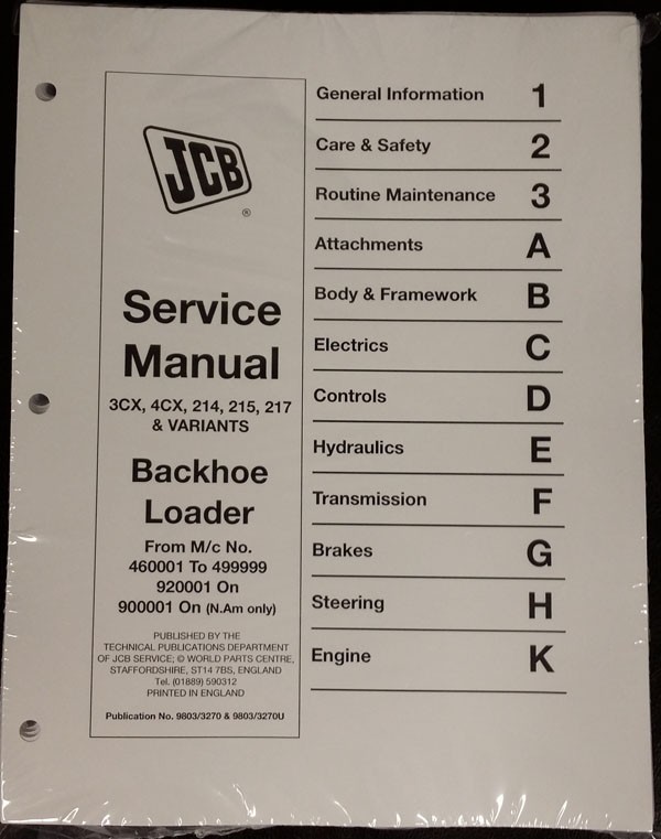 JCB 3CX, 4CX, 214, 214E, 215, 217 Service Repair Shop Manual - Part # 9803/3270