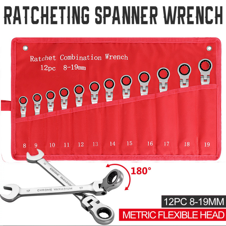 12Pc 8-19mm Metric Flexible Head Ratcheting Wrench Combination Spanner Tool Set