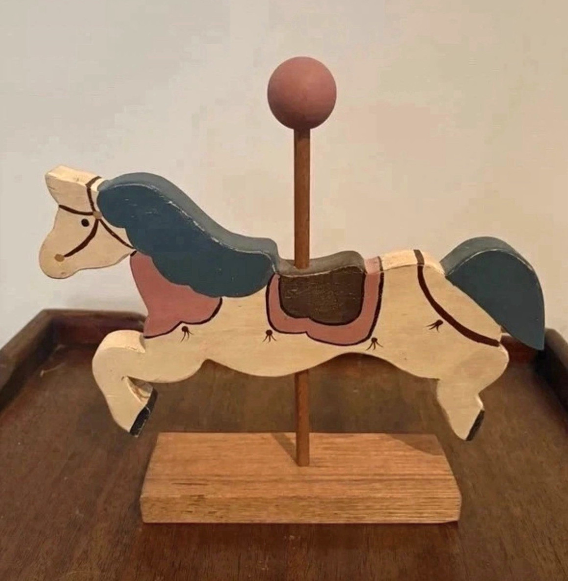Wood Carousel Horse Figurine on Stand Painted Blue Pink Brown Approx 9 in