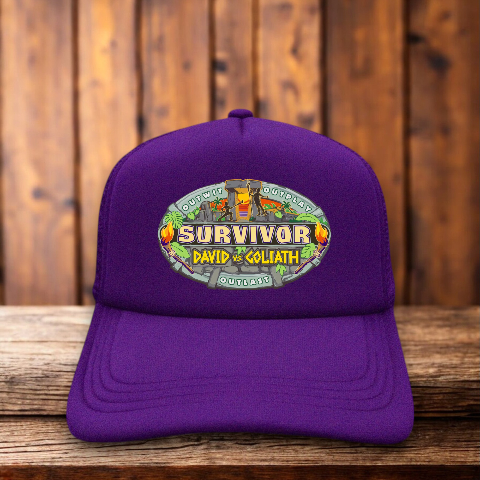Survivor David Vs. Goliath Mens Trucker Hat Purple Jeff Probst Castaway Island