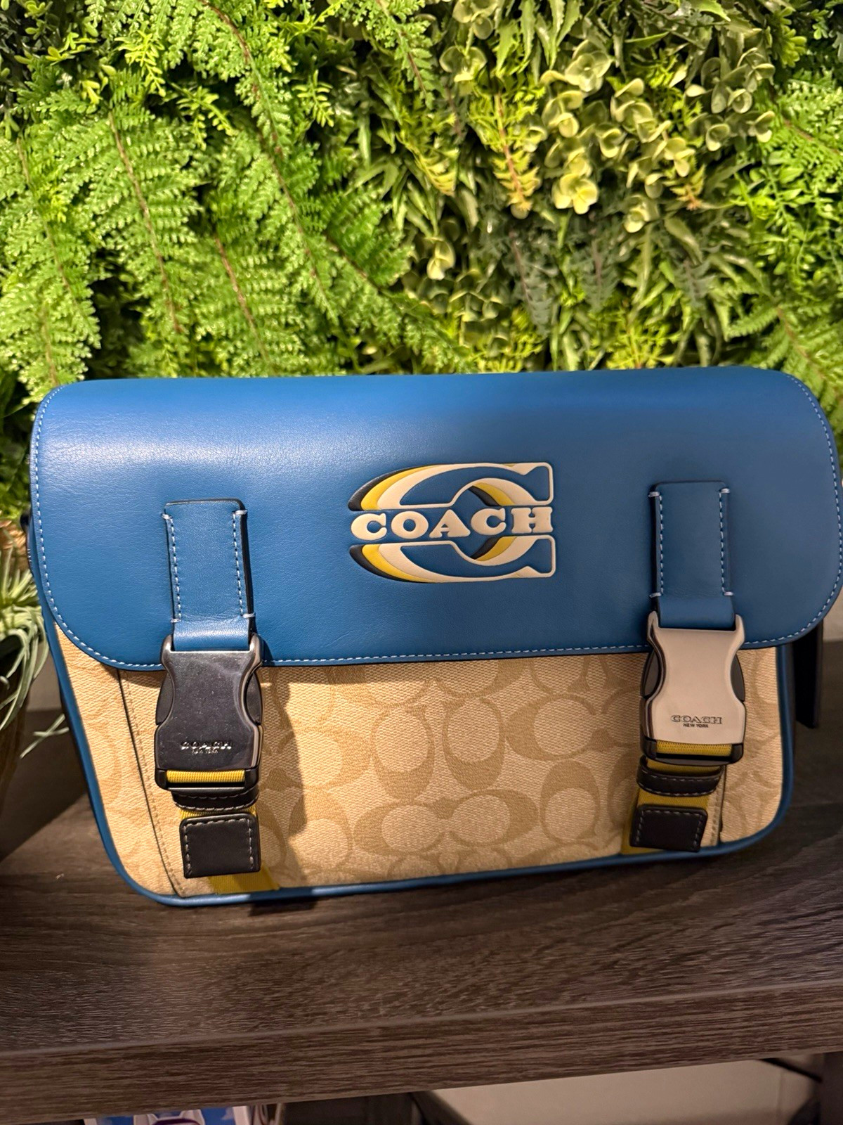 Coach Signature Coated Canvas Blue Beige Flap Crossbody Bag Detachable Strap