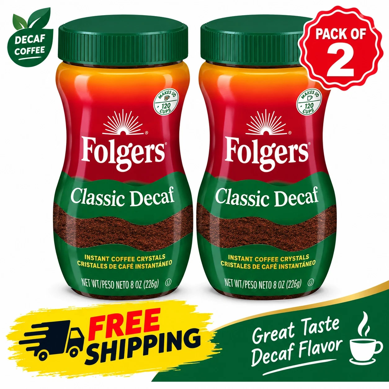 (2 Pack) Folgers Classic Decaf Instant Coffee, 8 oz Jar (FRESH) (2 Pack) Folgers Classic Decaf Instant Coffee, 8 oz Jar (FRESH)