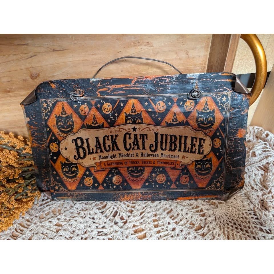 Halloween BLACK CAT Primitive Jubilee Rusty Tin Sign - Vintage Inspired Halloween BLACK CAT Primitive Jubilee Rusty Tin Sign - Vintage Inspired