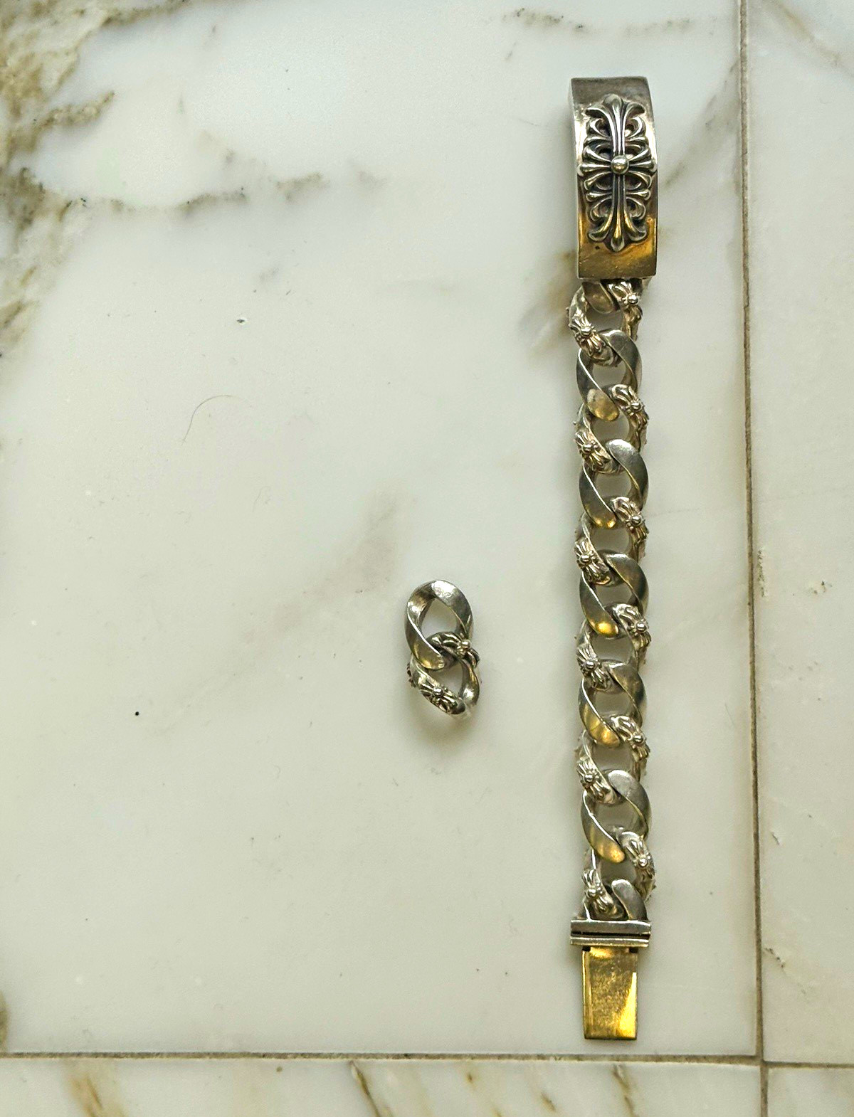 Chrome Hearts Floral Cross Curb Link 925 Sterling Silver ID Bracelet Box Clasp