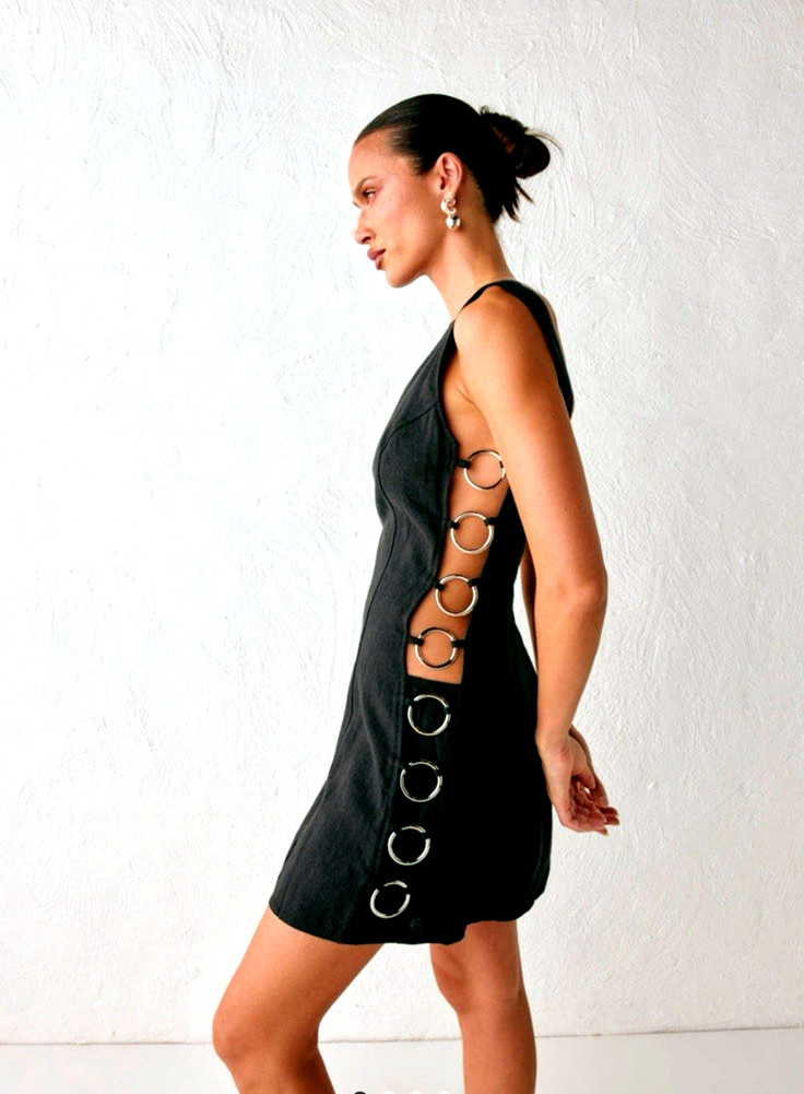 BLACK MINI DRESS VRG GIRL SILVER O-RINGS CUT OUT Retro 90s Boho Mod SeXy NWT XS