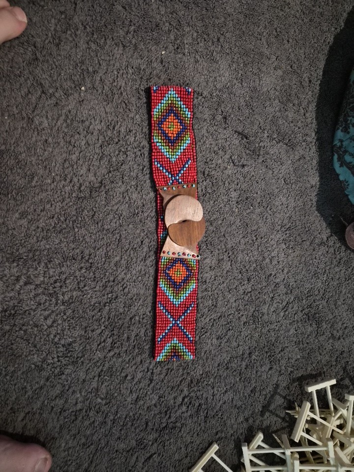 Vintage 70s Seed Bead Belt Carved Wood Interlocking Clasp Stretch BOHO red Vintage 70s Seed Bead Belt Carved Wood Interlocking Clasp Stretch BOHO red