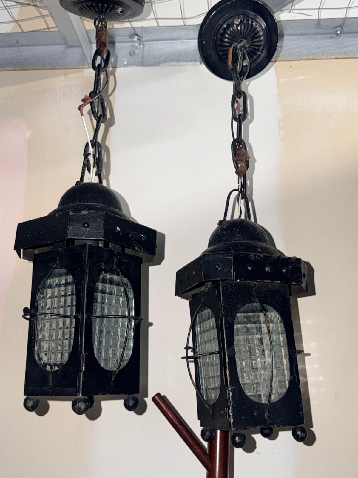 Vintage Pair Black Metal Hanging Lantern Pendant Lights Textured Glass Chain Vintage Pair Black Metal Hanging Lantern Pendant Lights Textured Glass Chain