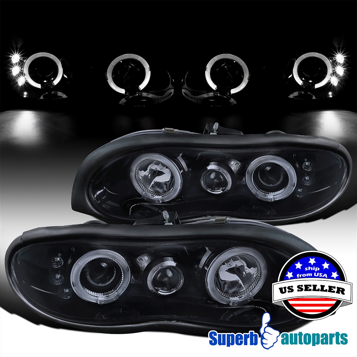 Fit 1998-2002 Glossy Black Chevy Camaro LED Halo Projector Headlights Smoke Pair Fit 1998-2002 Glossy Black Chevy Camaro LED Halo Projector Headlights Smoke Pair