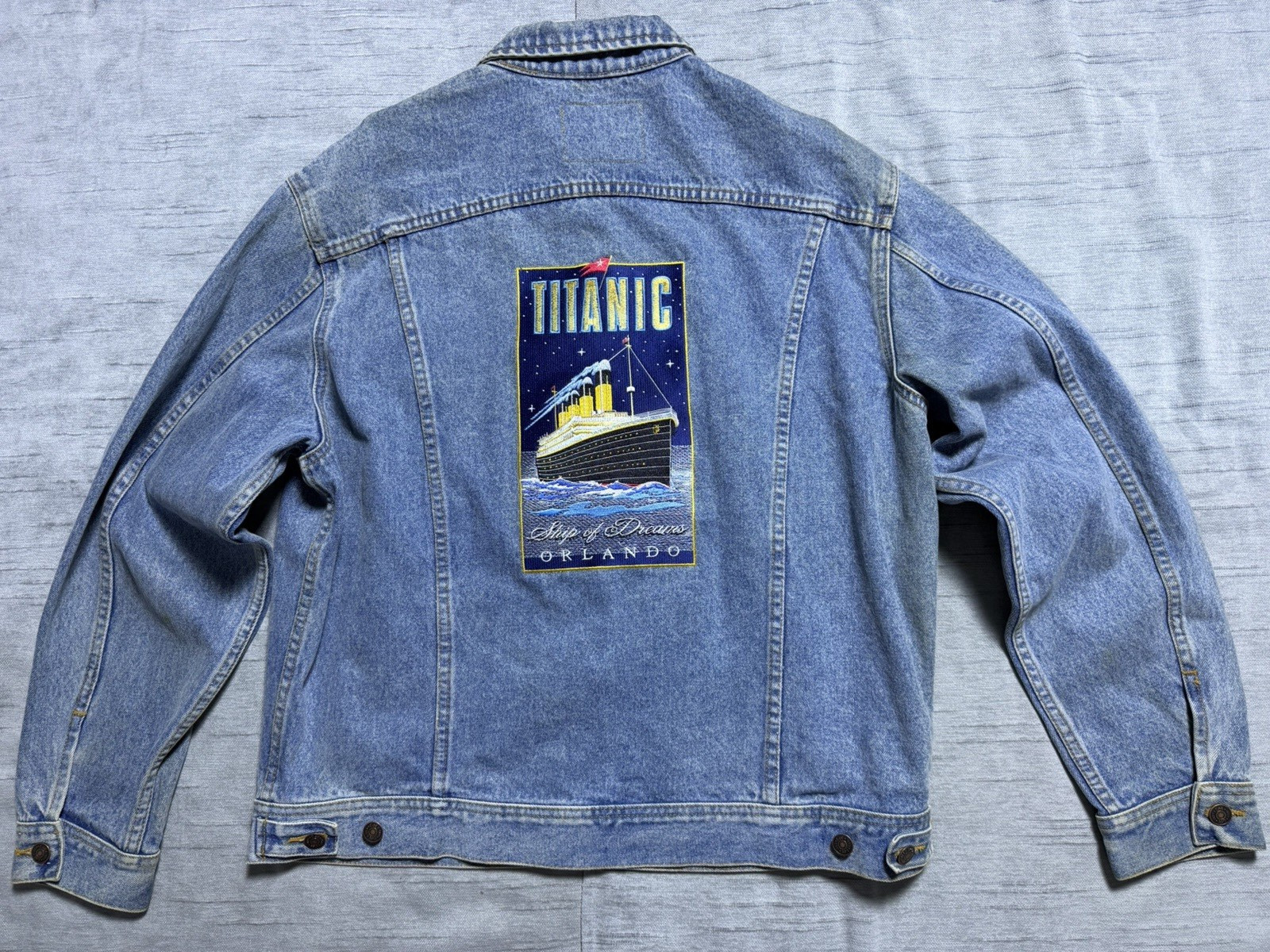 RARE Titanic Ship of Dreams Embroidered Vintage 90s Lee Denim Jacket Size L RARE Titanic Ship of Dreams Embroidered Vintage 90s Lee Denim Jacket Size L