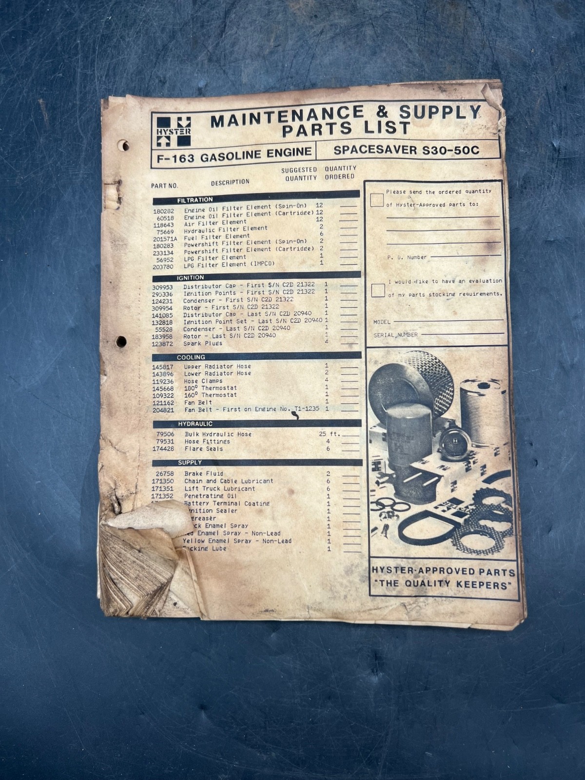 Vintage Hyster Service Manual Spacesaver Maintenance & Supply Parts List Book