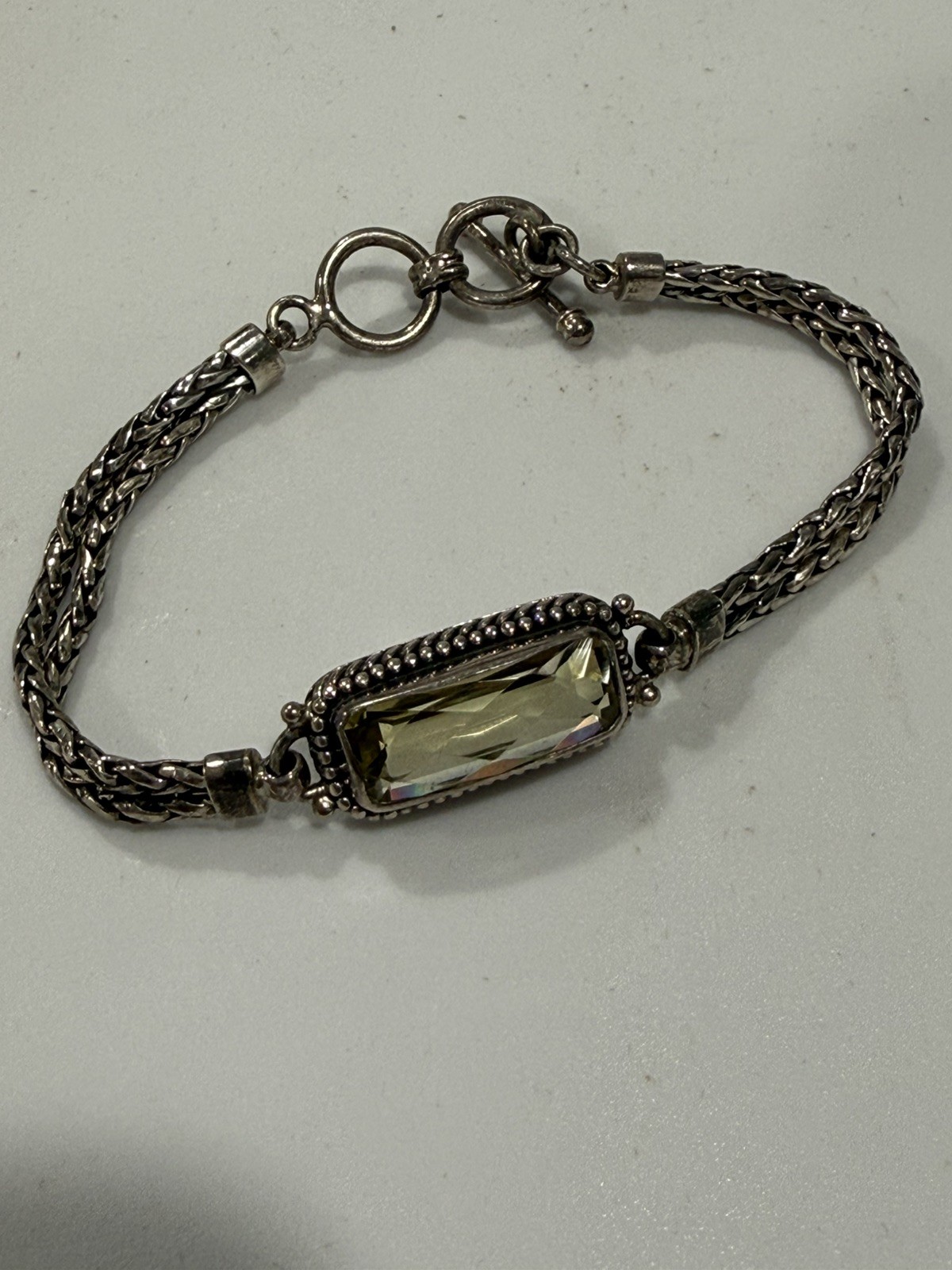Vint Artisan Bracelet Prasiolite 925 Sterling Silver Bali Bead Dual Wheat Toggle Vint Artisan Bracelet Prasiolite 925 Sterling Silver Bali Bead Dual Wheat Toggle