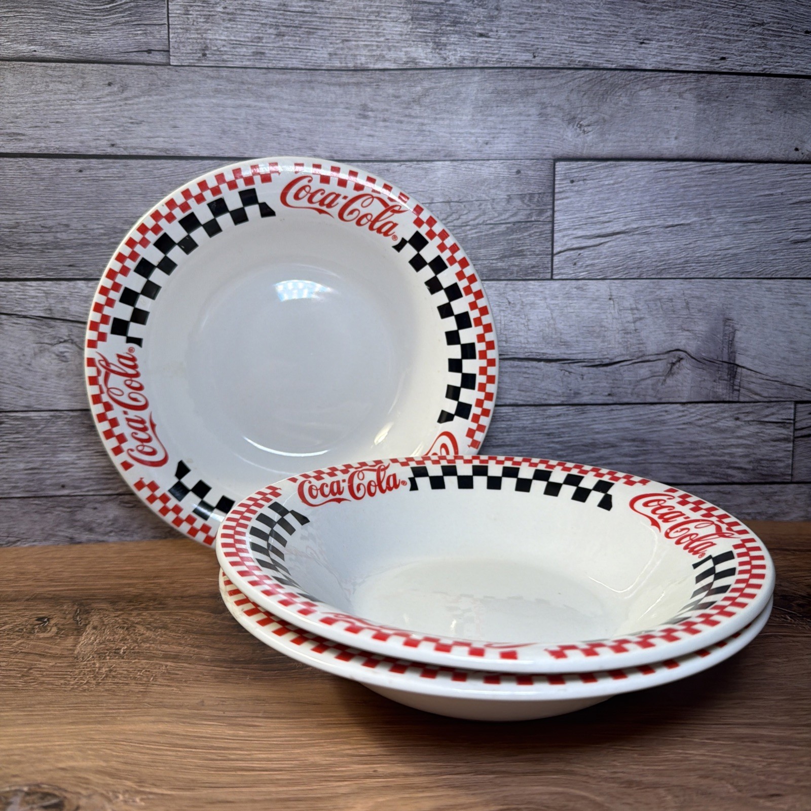 Lot of 3 Vtg Gibson Coca Cola Checkered 8” Soup Cereal Bowls Rim Diner Set