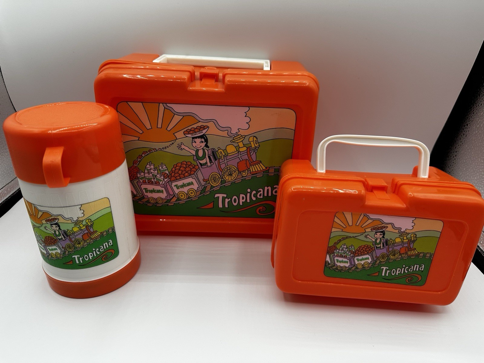 Vintage Tropicana Orange Juice Train Lunchbox Thermos Set Advertising