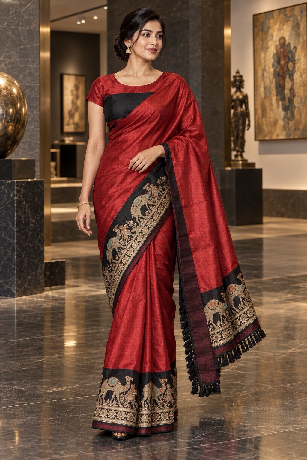 Red Black Mysore Style Silk Saree Elephant Camel Border & Blouse Indian Sari Set