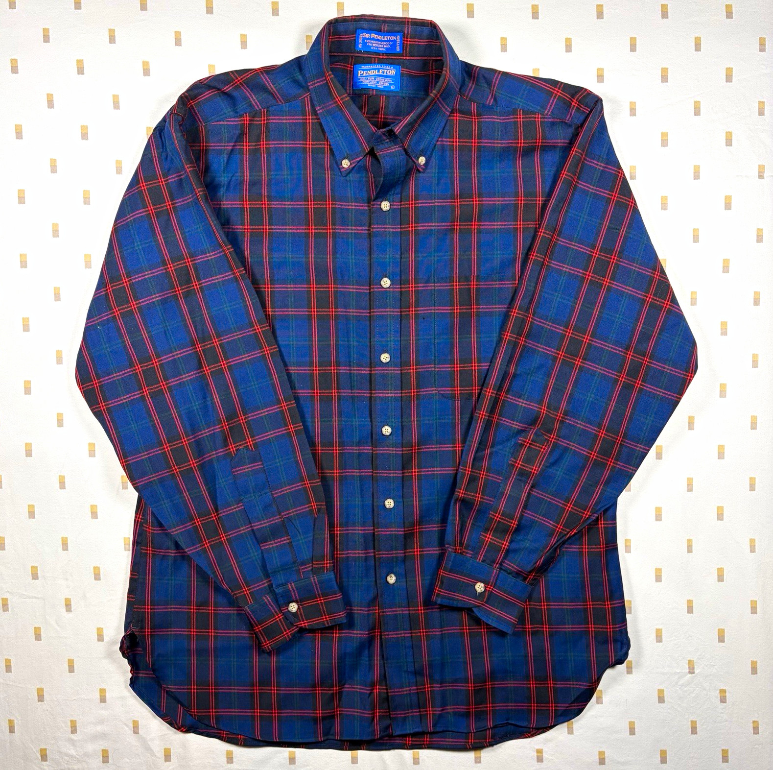 Pendleton Sir Pendleton Men\'s L Blue/Red Plaid Wool Long Sleeve Button-Down