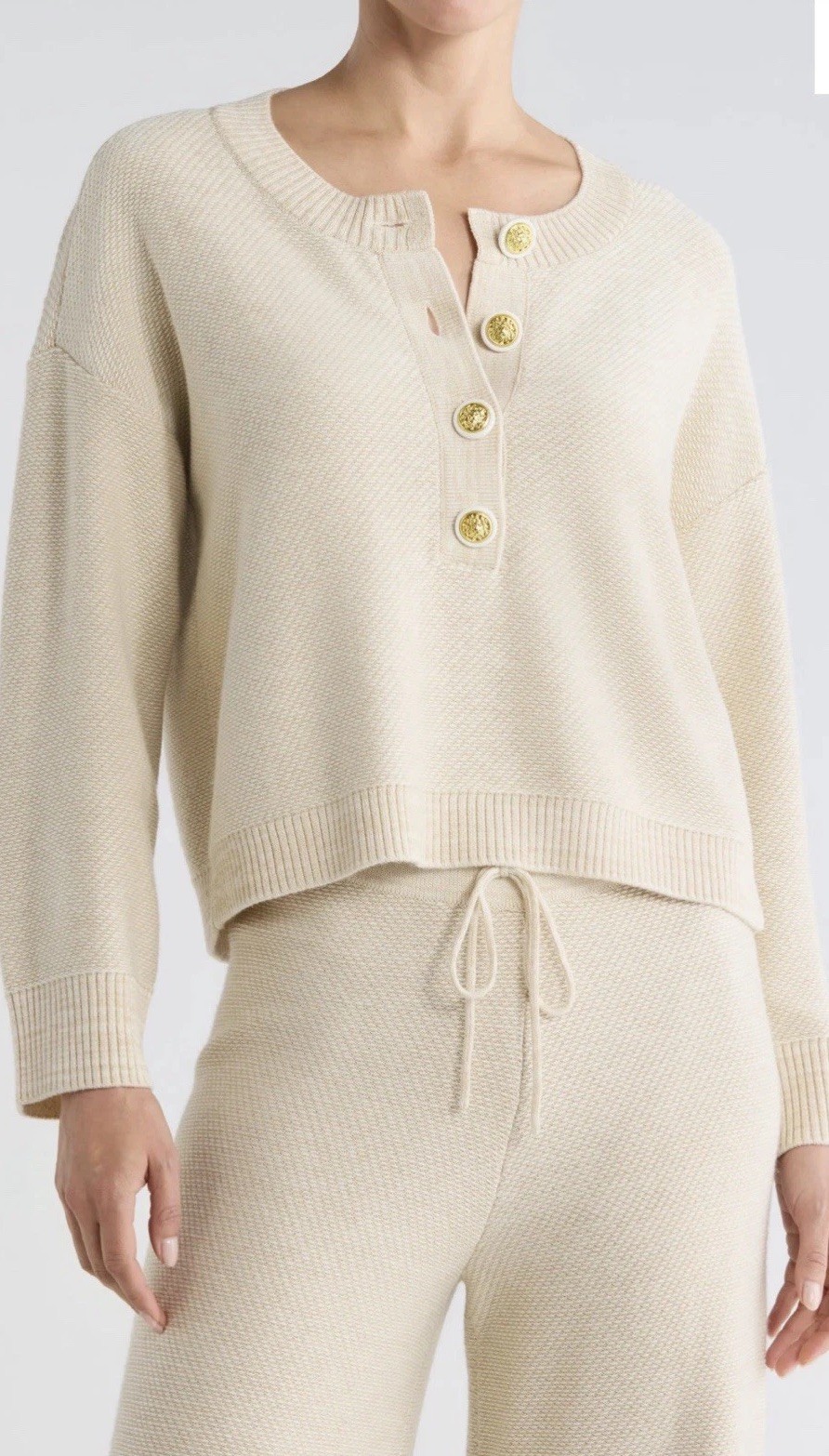 New L’Agence Hadassah Loop Knit Henley Sweater In Vintage White Size S $495