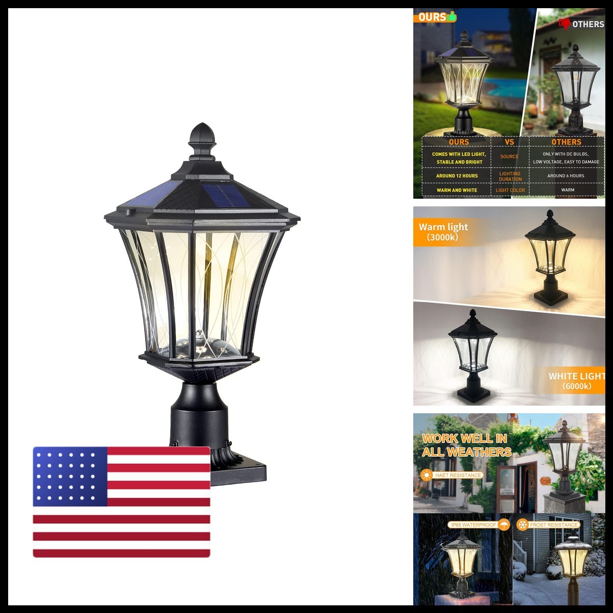 SCNYCUL 6735 Solar Post Lights Dusk to Dawn Pier Mount Base Black