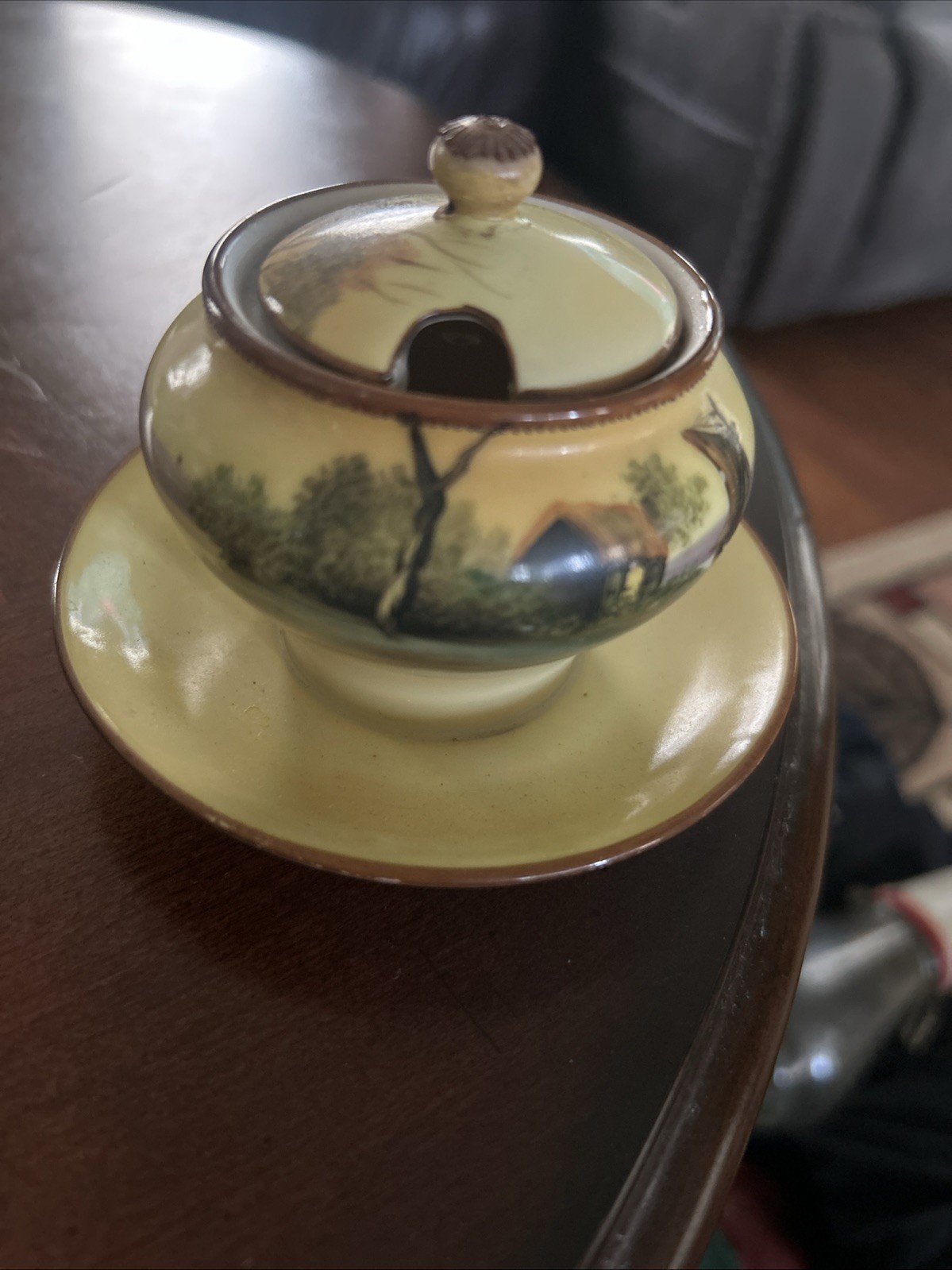 Vintage Noritake Hand-Painted Landscape Covered Sugar Bowl w/ Plate