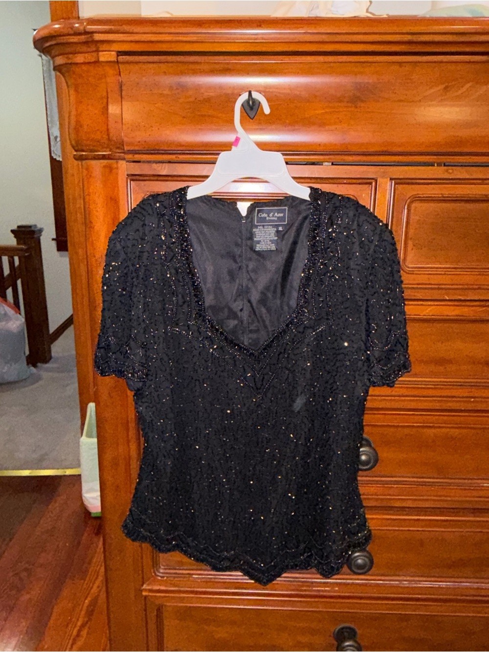 Vintage Cote d’Azur Evening Black Beaded Silk Top XL 90s Formal