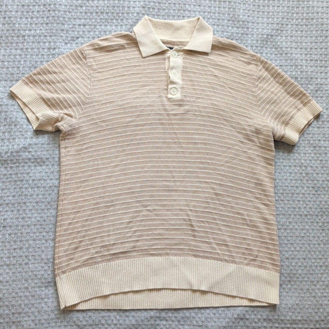 The Commons Polo Shirt Mens Medium Beige Stripe Knit Short Sleeve Retro Casual