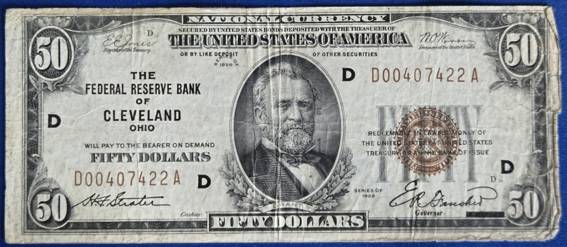 U.S. (Cleveland, OH) Series of 1929 $50.00 National Banknote 2-Zero & Six-Digit U.S. (Cleveland, OH) Series of 1929 $50.00 National Banknote 2-Zero & Six-Digit