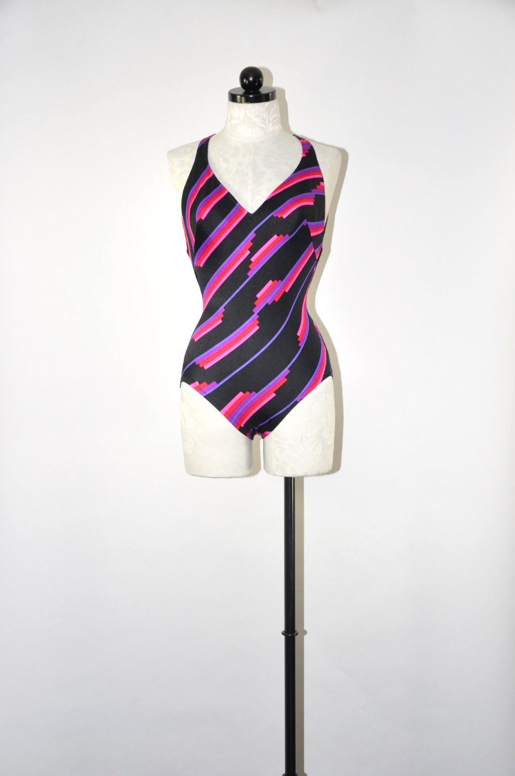 60s Rose Marie Reid Purple Striped Racerback Backless One Piece Swimsuit Women S