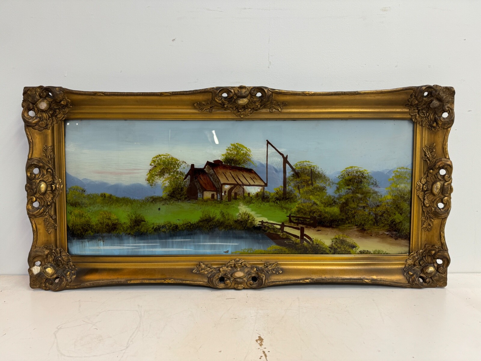 Antique Reverse Painted Glass Cottage By the Lake Framed Antique Reverse Painted Glass Cottage By the Lake Framed
