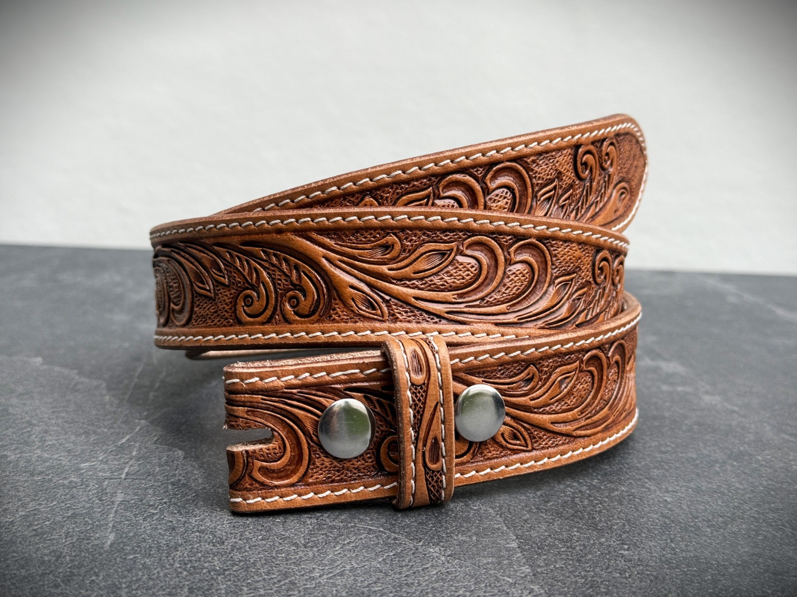 Men's Western Handmade Belt Strap Full Grain Leather No Buckle Snap-on Belt 1.5