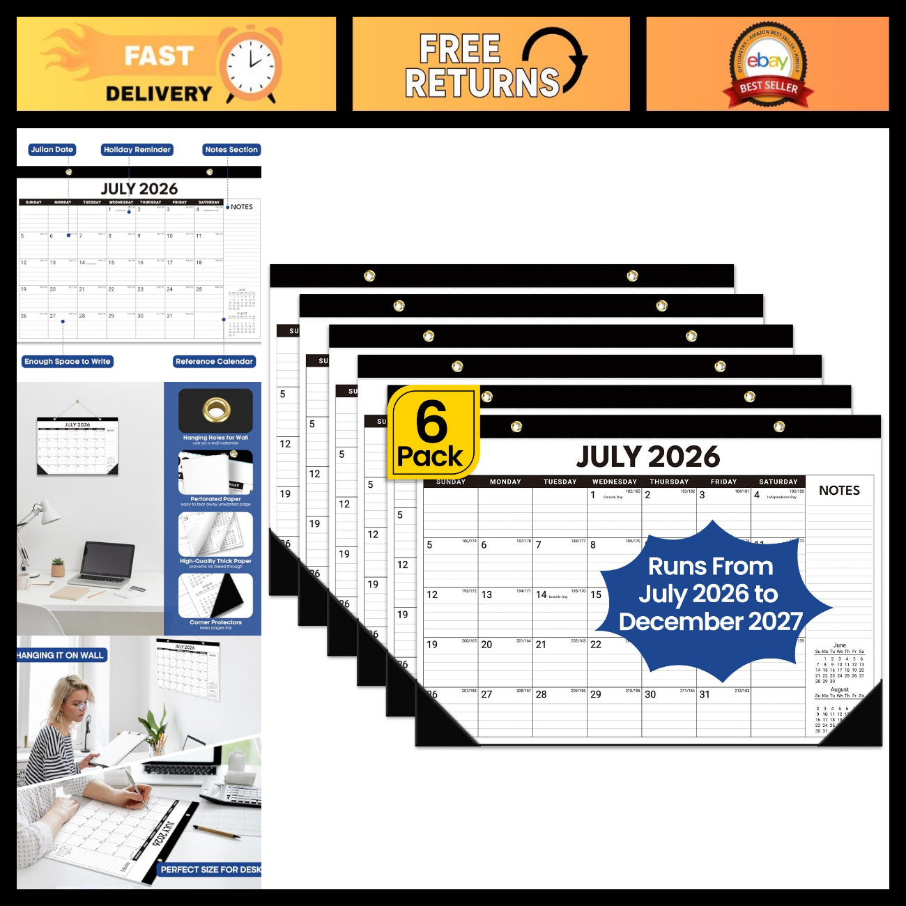 6 Pack Desk Calendar 2026-2027, Jul 2026-Dec 2027, Large 17x12 Inches