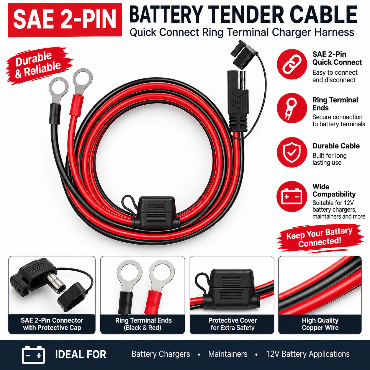 SAE 2Pin Ring Terminal Battery Cord Tender Cable Harness Wire Plug Quick Connect