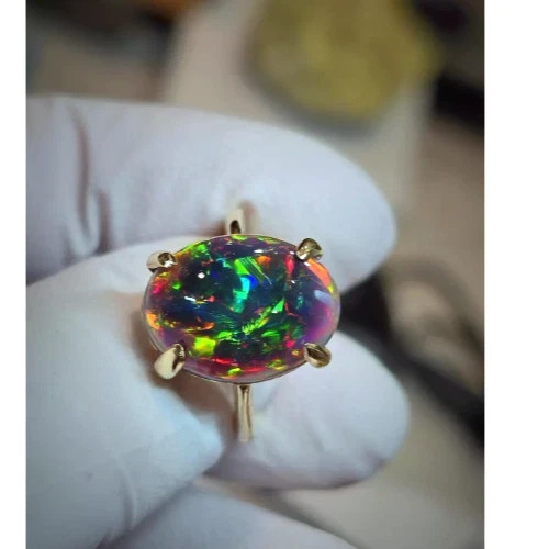 Natural  Black Opal Cabochon-Crafted 925 Silver Gold Plated Multi Fire Ring