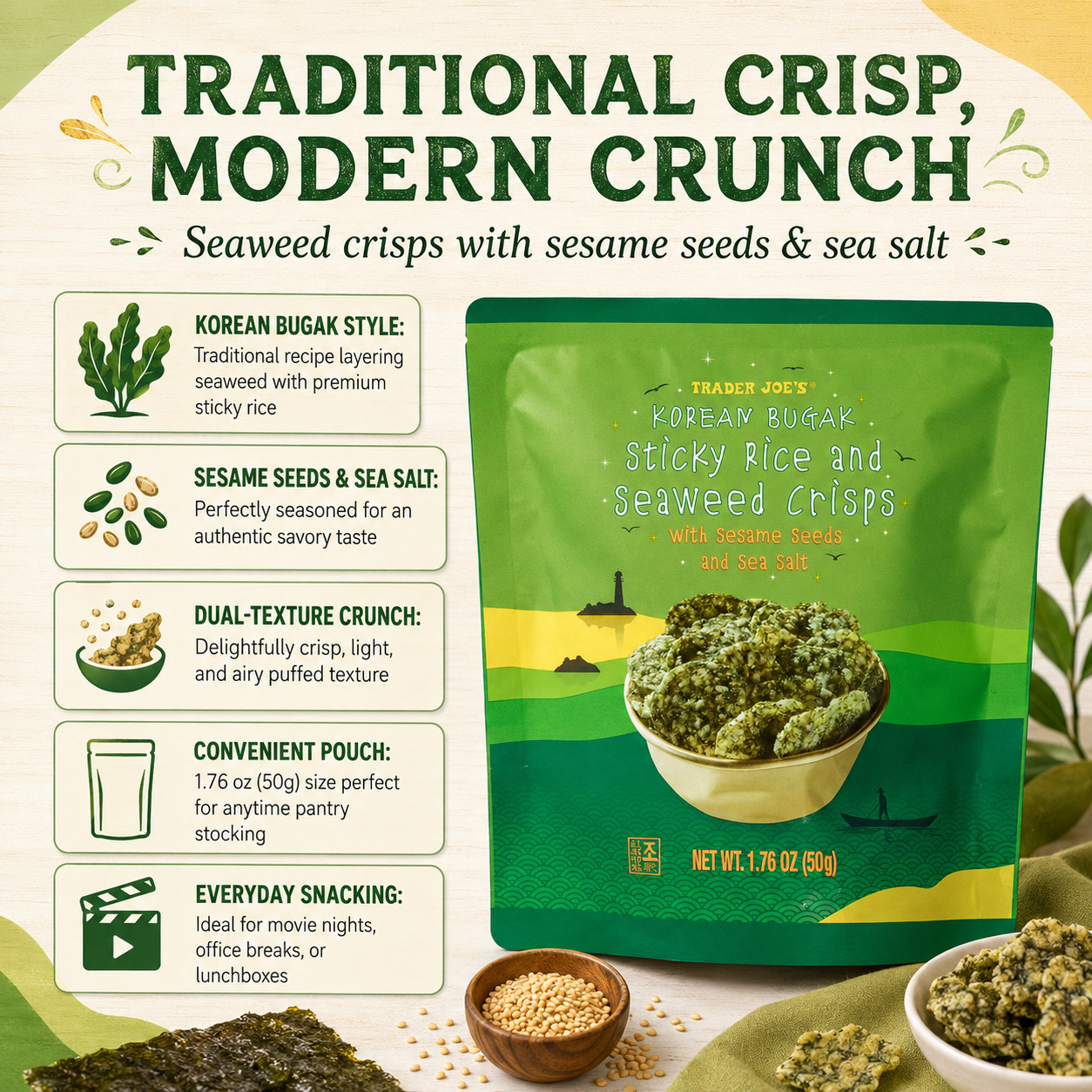 Trader Joe\'s Korean Bugak Sticky Rice and Seaweed Crisps 1.76 oz Trader Joe\'s Korean Bugak Sticky Rice and Seaweed Crisps 1.76 oz