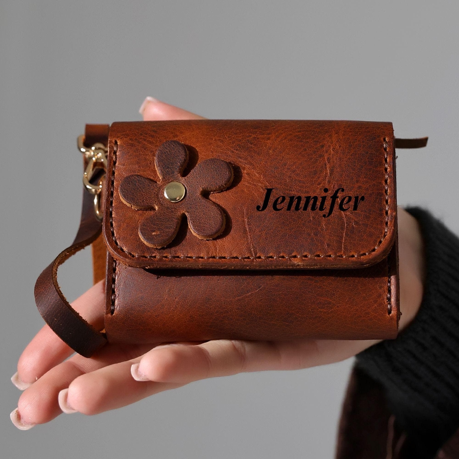 Personalized Genuine Leather Women Wallet with Flower, Wristlet BROWN