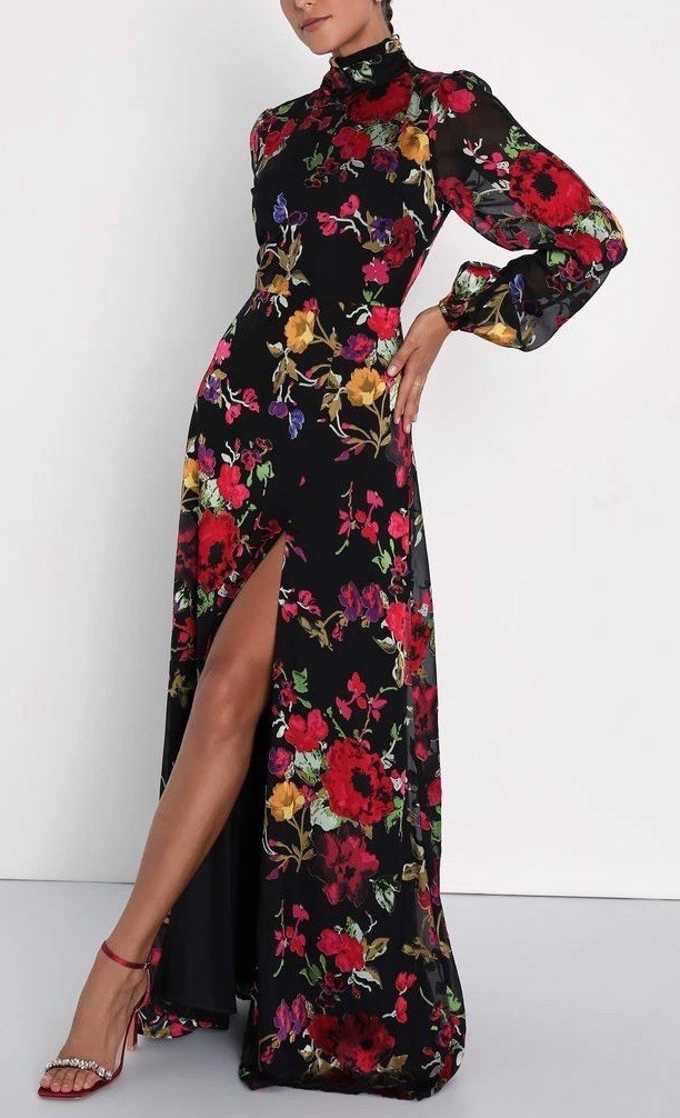 Lulus Grateful Arrival Black Floral Burnout Backless Maxi Dress Size S NWT