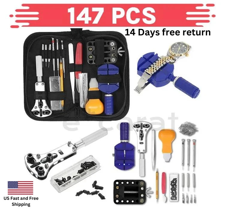 147 Pcs Watch Repair Kit Watchmaker Back Case Remover Opener Link Pin Spring Bar