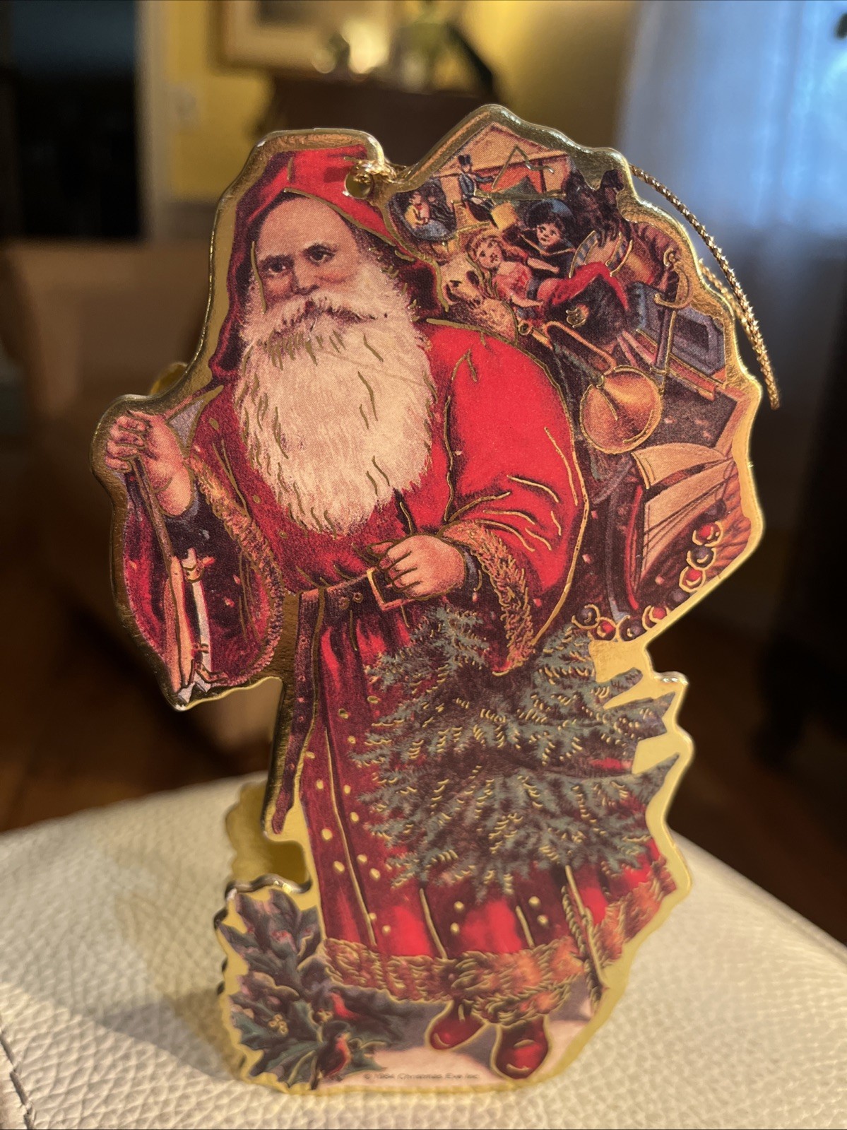 Vtg 1984 Christmas Eve Victorian Santa Gold Foil Die-Cut Cardboard Box Ornament Vtg 1984 Christmas Eve Victorian Santa Gold Foil Die-Cut Cardboard Box Ornament