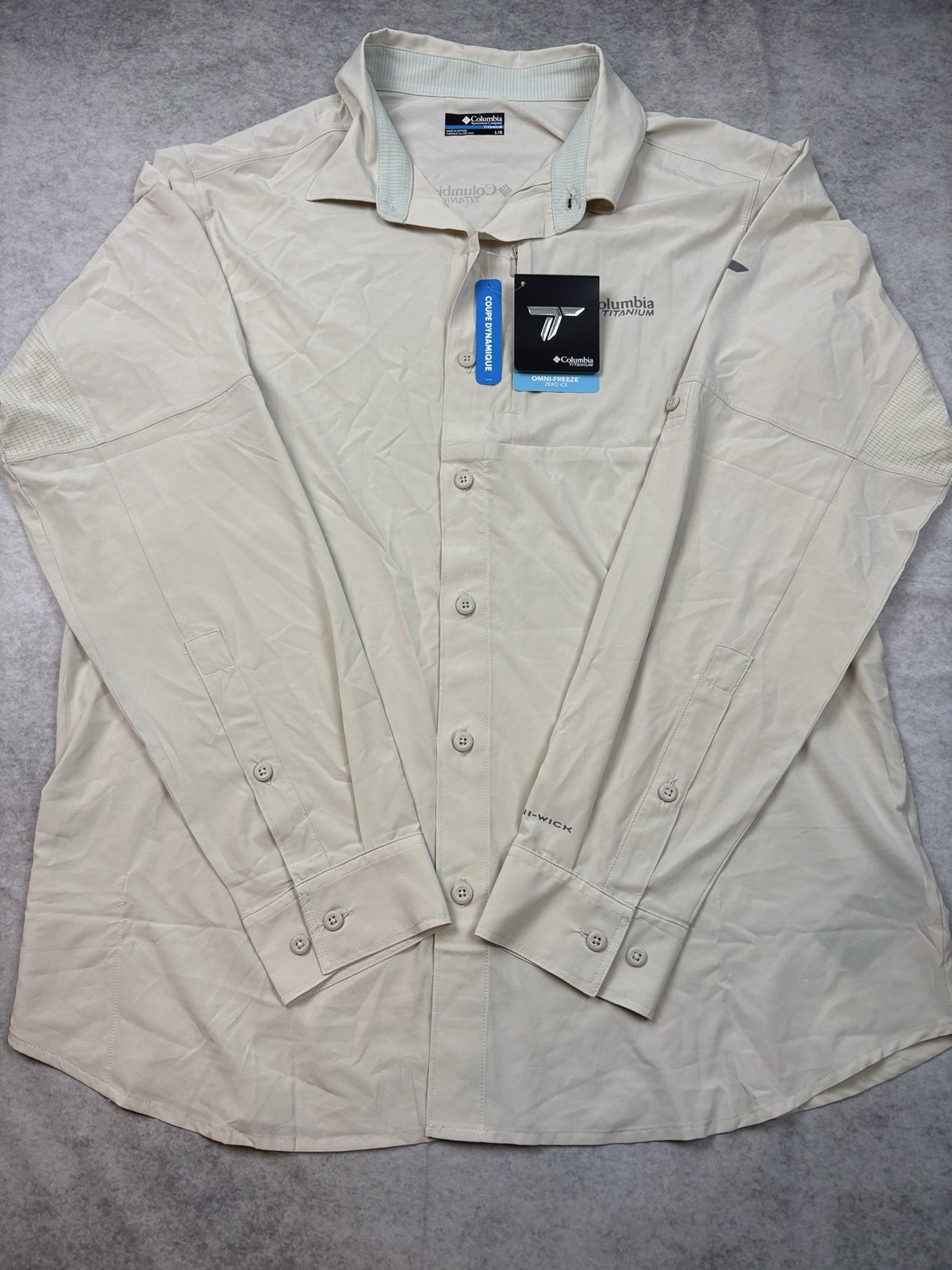 Columbia Titanium Shirt Mens Large Beige Omni-Freeze Ice Long Sleeve Button Up