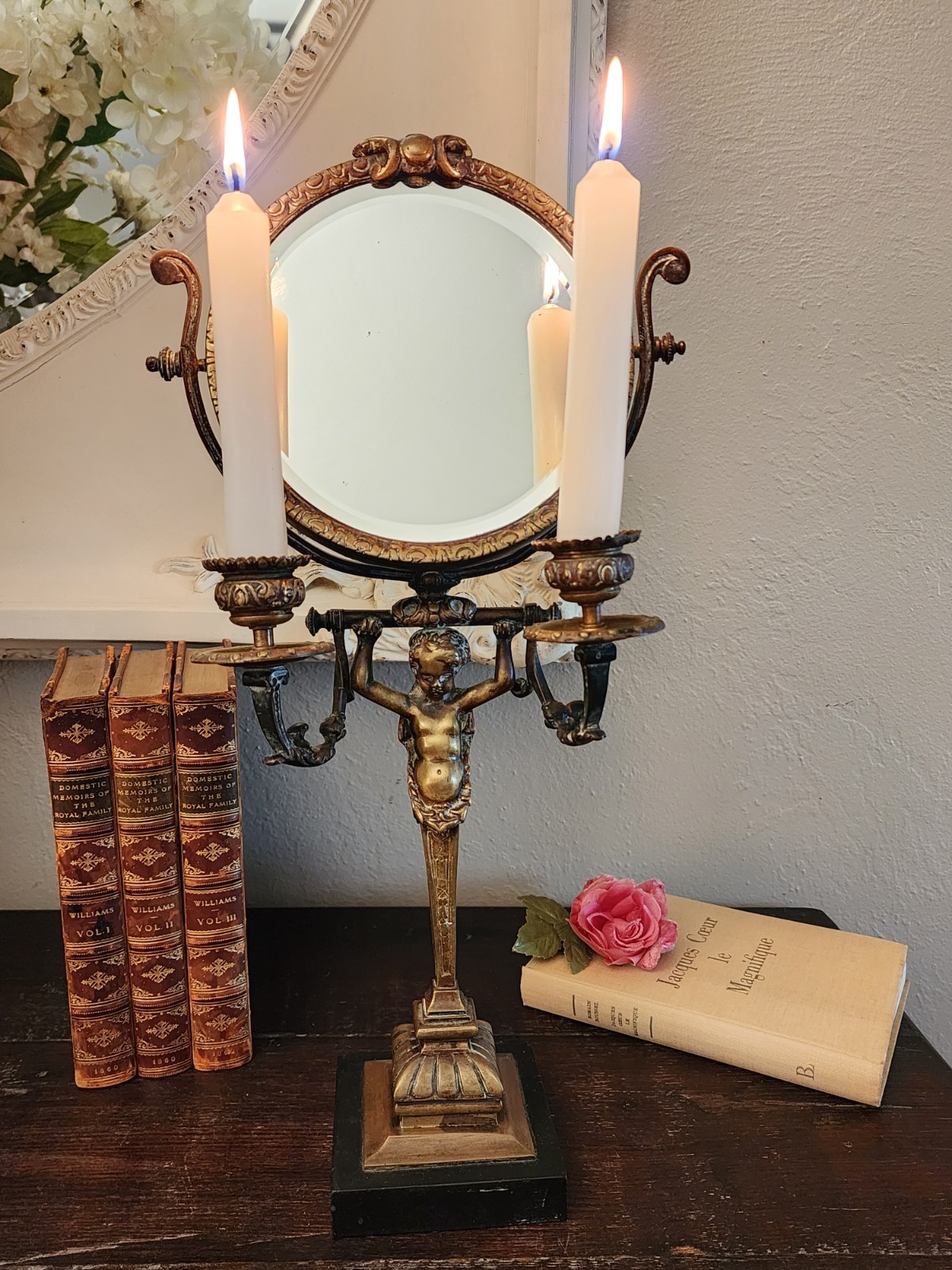 Antique 19th c French Belle Epoque Bronze Figural Beveled Vanity Mirror w/Marble