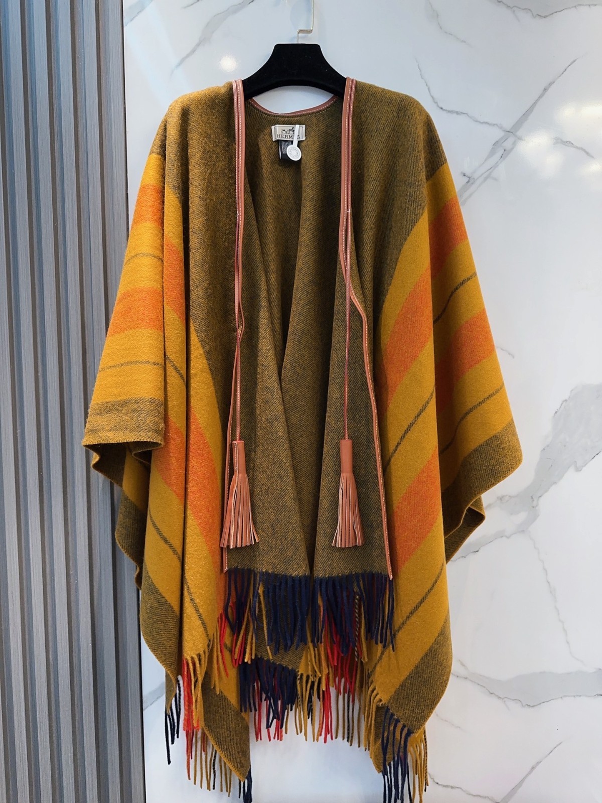 HERMES Striped Cashmere Poncho Cape Mustard Brown Fringe Shawl