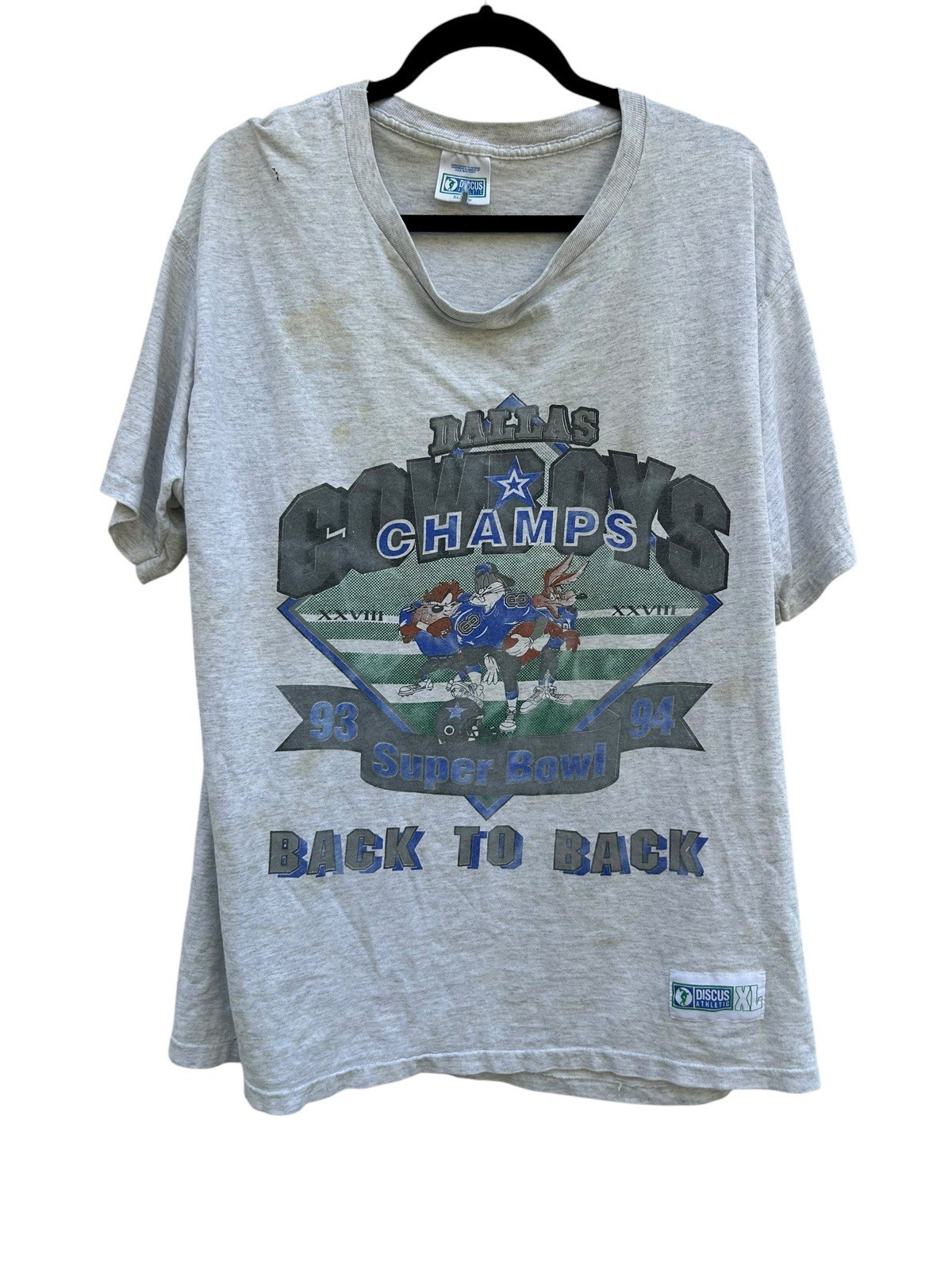 VTG Dallas Cowboys Looney Tunes Back To Back Champs T Shirt XL Gray Thrashed VTG Dallas Cowboys Looney Tunes Back To Back Champs T Shirt XL Gray Thrashed