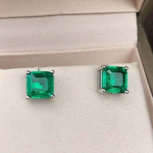 5.00 Ct Princess Cut Natural Emerald Earring 14k Solid White Gold Stud Earrings