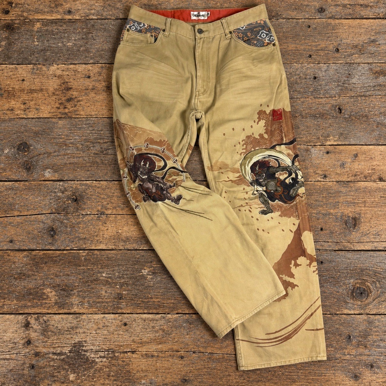 Karakuri Tamashii Men Tan Embroidered Fujin Raijin Japanese Denim Jeans 34x28