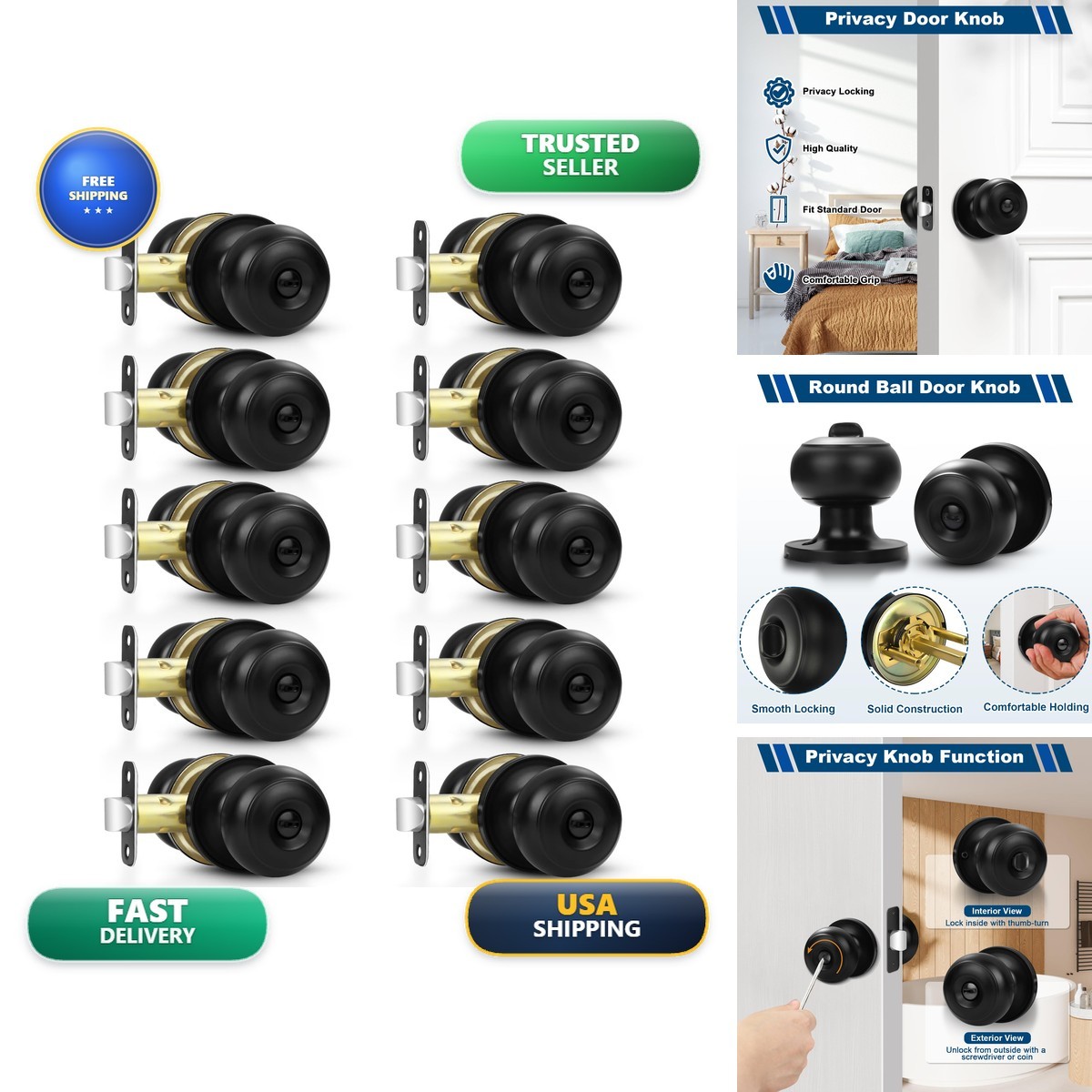 Estmoon 10 Pack Privacy Door Knobs Bedroom Bathroom, Matte Black Door Handle
